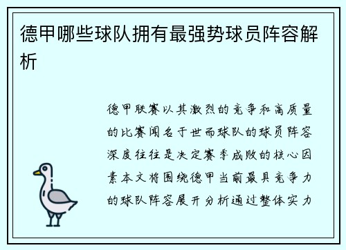 德甲哪些球队拥有最强势球员阵容解析